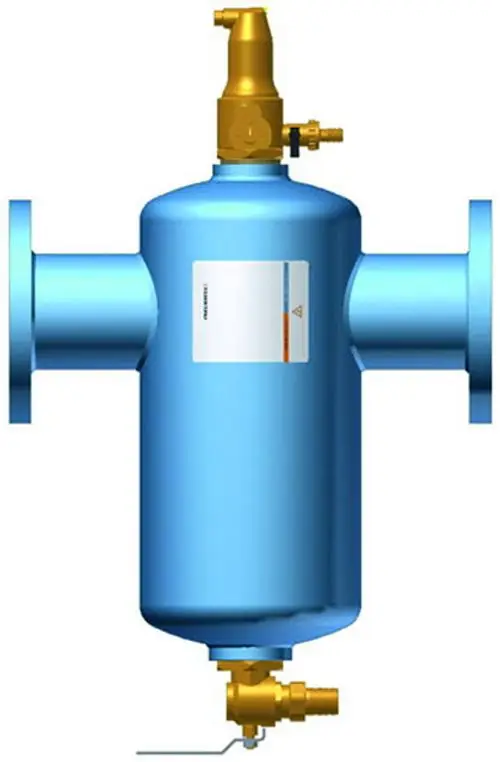 Automatischer Entlüfter mit blauer Oberfläche und goldenen Ventilen, verwendet zur Druckhaltung und Schmutzabscheidung in hydraulischen Systemen.